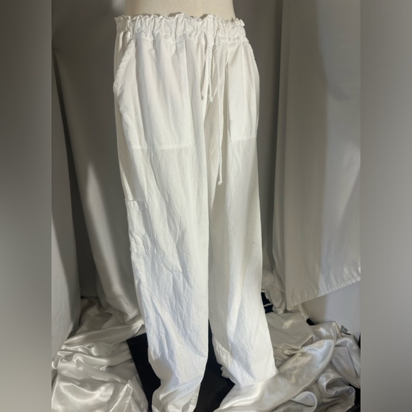White Linen Blend Lounge Pants Women’s Drawstring Coastal Boho Minimalist Sm - Picture 5 of 6